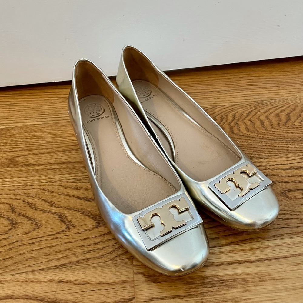 Tory Burch Silver T-Logo Flats